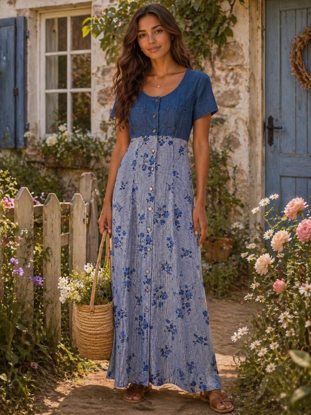 All That Jazz Vintage Denim Floral Y2K Coastal Cowgirl Maxi Dress Size 7/8